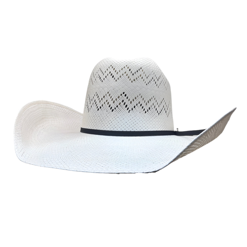 White cowboy hat with black band against a white
