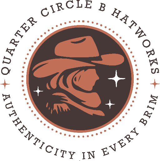 Logo of Quarter Circle B Hatworks with a silhouette of a person wearing a hat and stars around it.